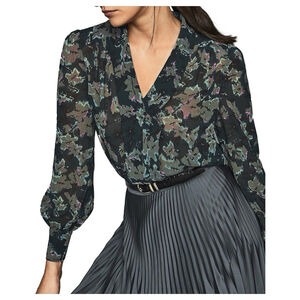 Reiss Womens Blouse Birdie V-Neck Printed Ivory Multicolor Sheer Sz. S